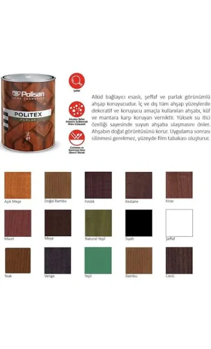 Polisan Politex Lüx Vernikli Ahşap Koruyucu Parlak 2,5 Lt