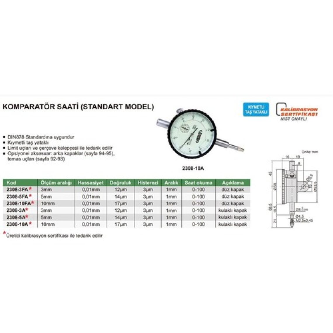 Insize 2308-10FA Komparatör Saati Düz Kapaklı  (Standart Model)