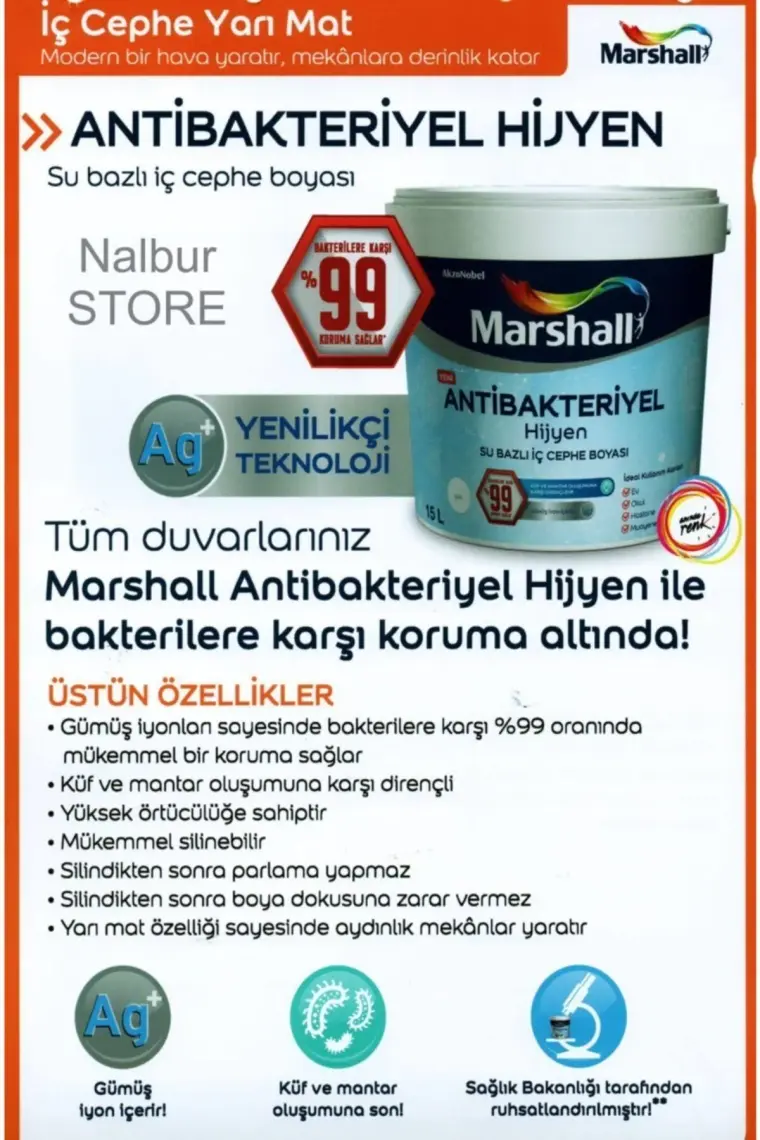 Marshall Antibakteriyel Hijyen Silinebilir İç Cephe Boyası 2.5Lt