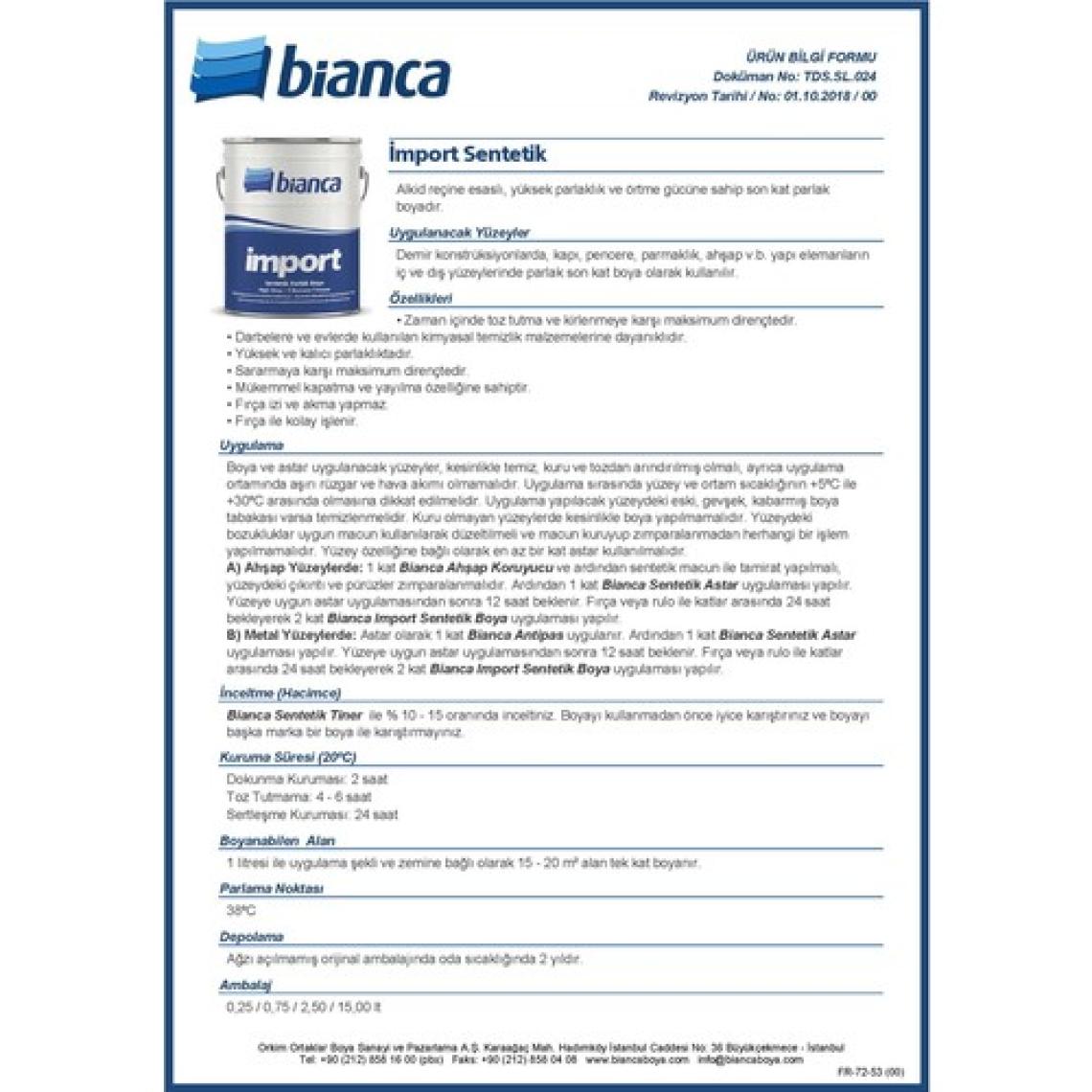 Bianca Sentetik Yağlı Boya 1 kg 0.75 lt