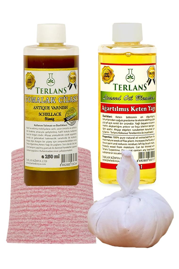 Doğal Ahşap Cila Seti Gomalak 250 ml Shellac ve Keten Yağı 250 ml