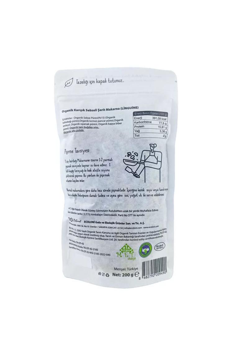 Organik Karışık Sebzeli Tam Buğday Şerit Makarna Linguine 200 Gr +7ay