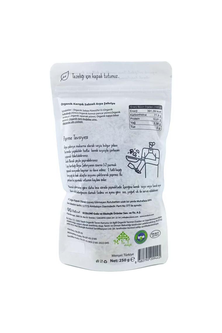 Organik Karışık Sebzeli Tam Buğday Arpa Şehriye 250 gr 7 Ay