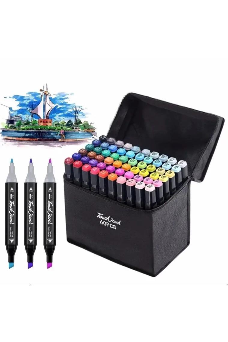 Biton Toptan 60'lı Çift Tatraflı Marker Kalem Seti Standlı Resim Mimari ve Grafik Tasarım Kalemi