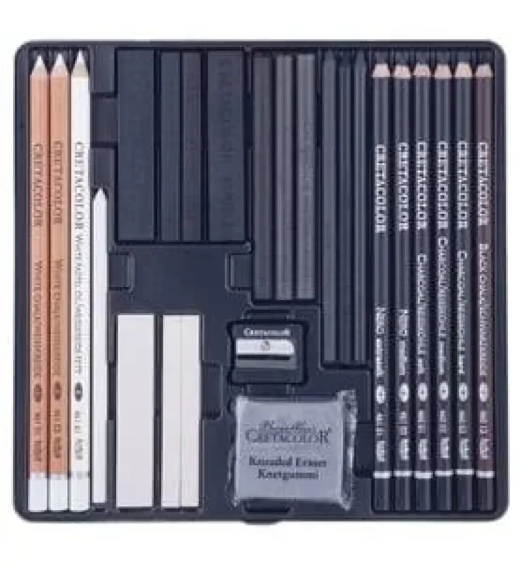 Cretacolor Black & White Box Drawing Set Profesyonel Karakalem Eskiz Çizim Seti 25 Parça Metal Kutu