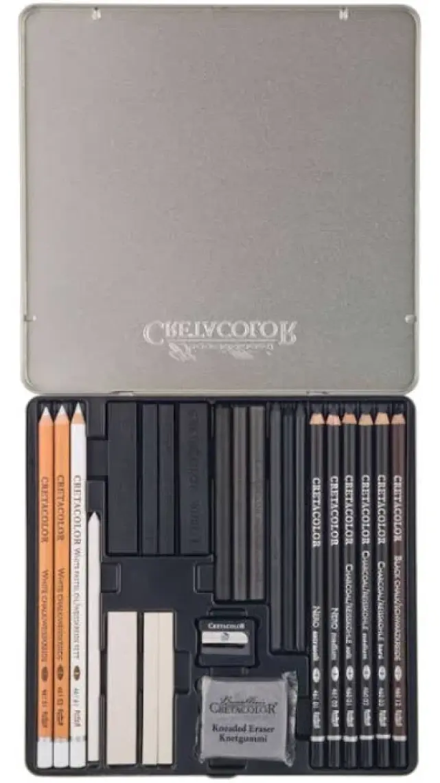 Cretacolor Black & White Box Drawing Set Profesyonel Karakalem Eskiz Çizim Seti 25 Parça Metal Kutu