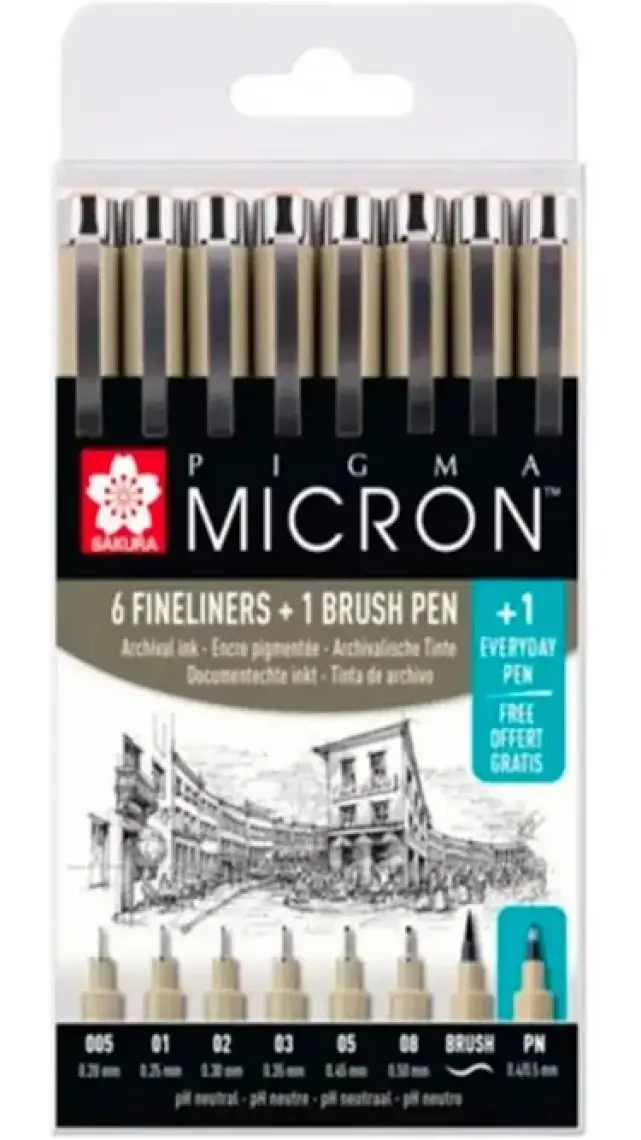 Sakura Pigma Micron 8 Parça Set 6 Fineliner, 1 Fırça Kalem Pn Kalem