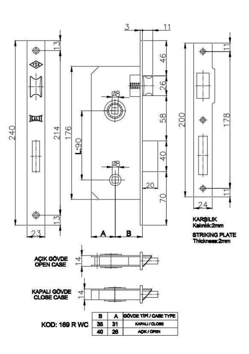 Kale 169-r 40 mm Nikel Wc Kapı Kilit
