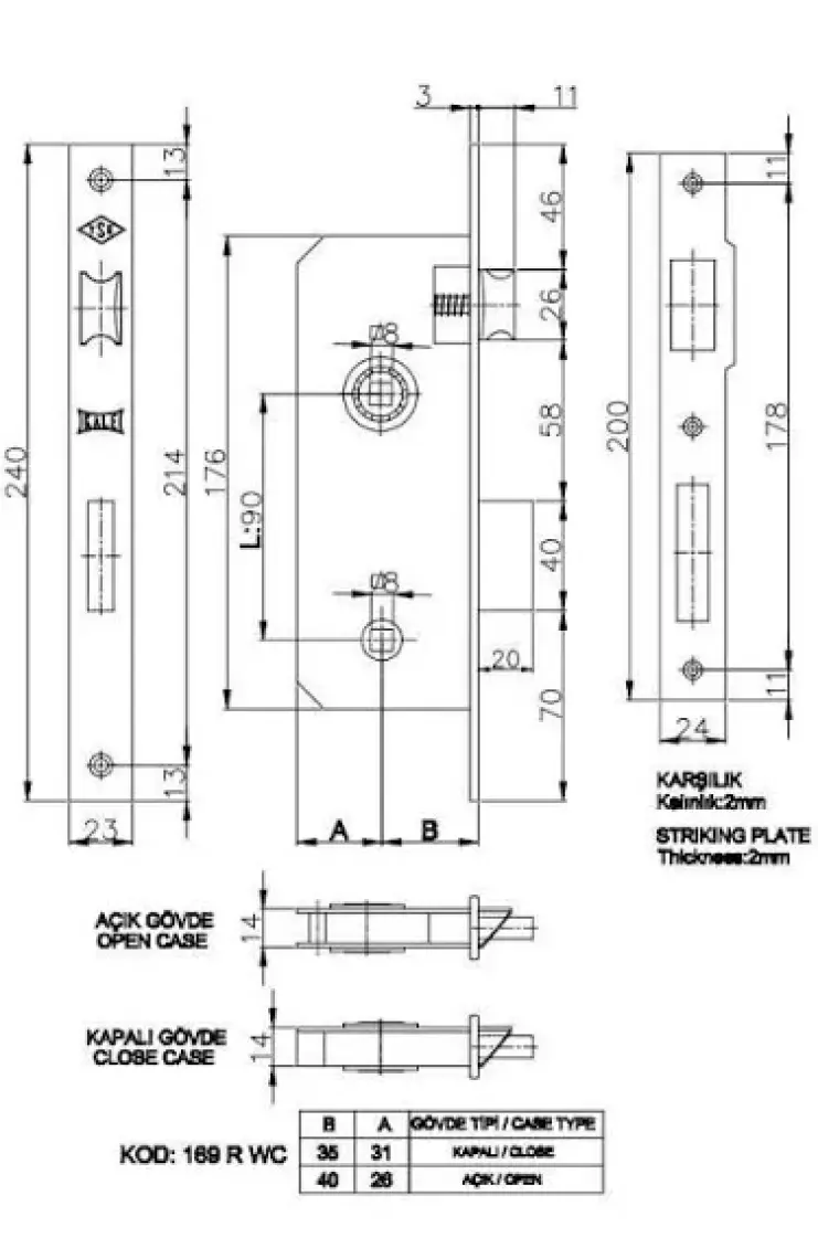 Kale 169-r 40 mm Nikel Wc Kapı Kilit