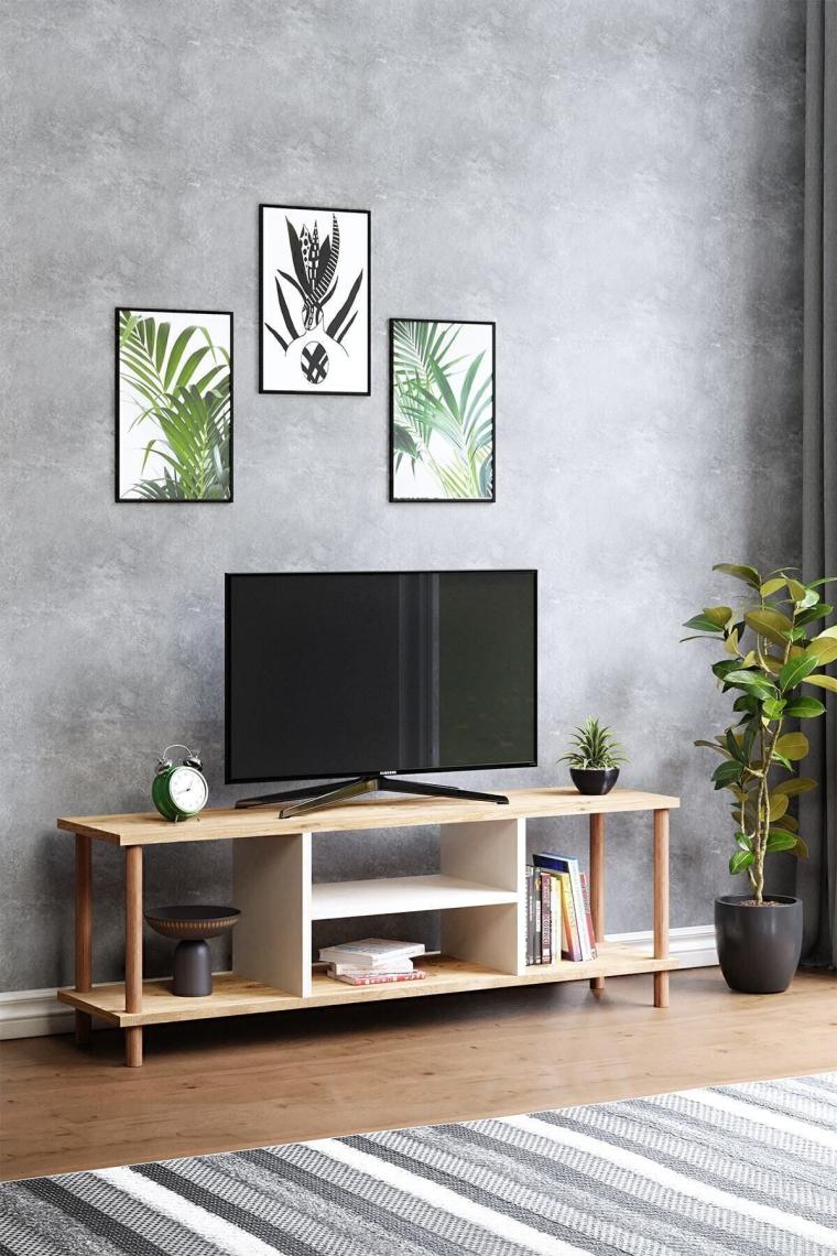 Tv Sehpası Raflı Tv Ünitesi Televizyon Sehpası Ahşap Ayaklı Çam-beyaz Raflı