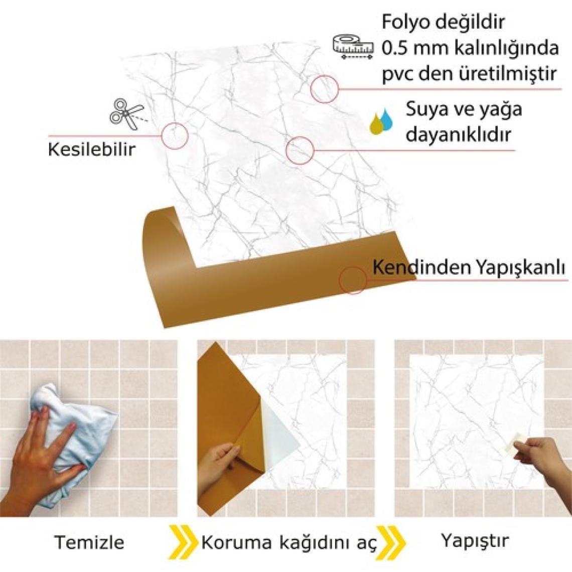 Tink Kendinden Yapışkanlı Silver Mermer Desenli Pvc Karo 30X30 cm (56 Adet) 5m2