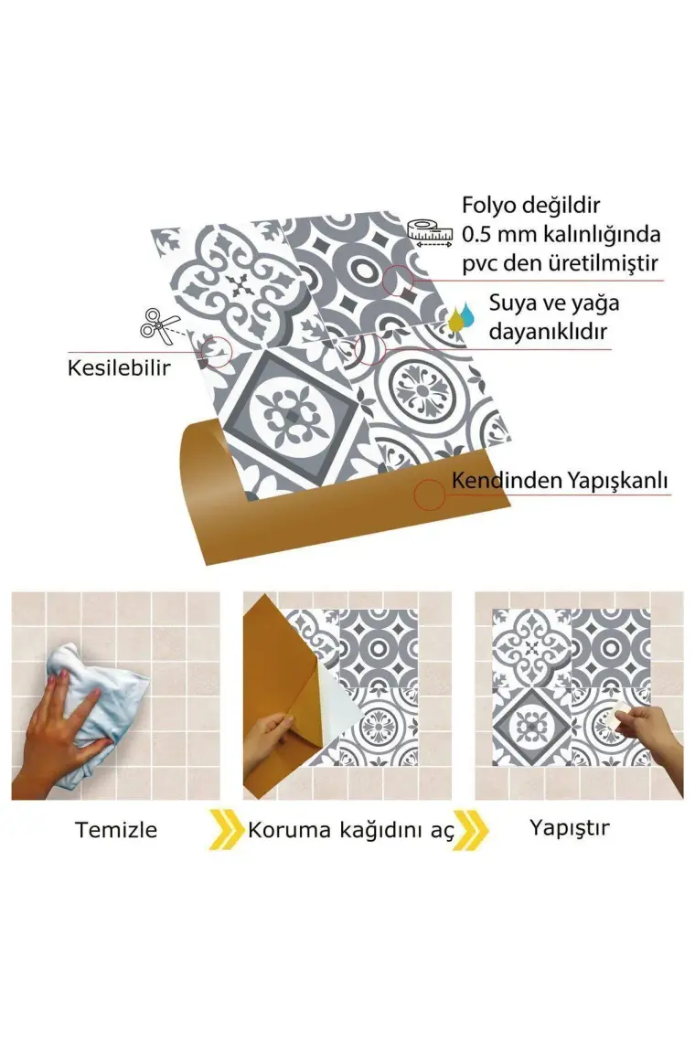 Tink Kendinden Yapışkanlı Banyo Kaplama Geometrik 010 Karma Desenli Pvc Karo 30x30 cm 11 Adet 1m2