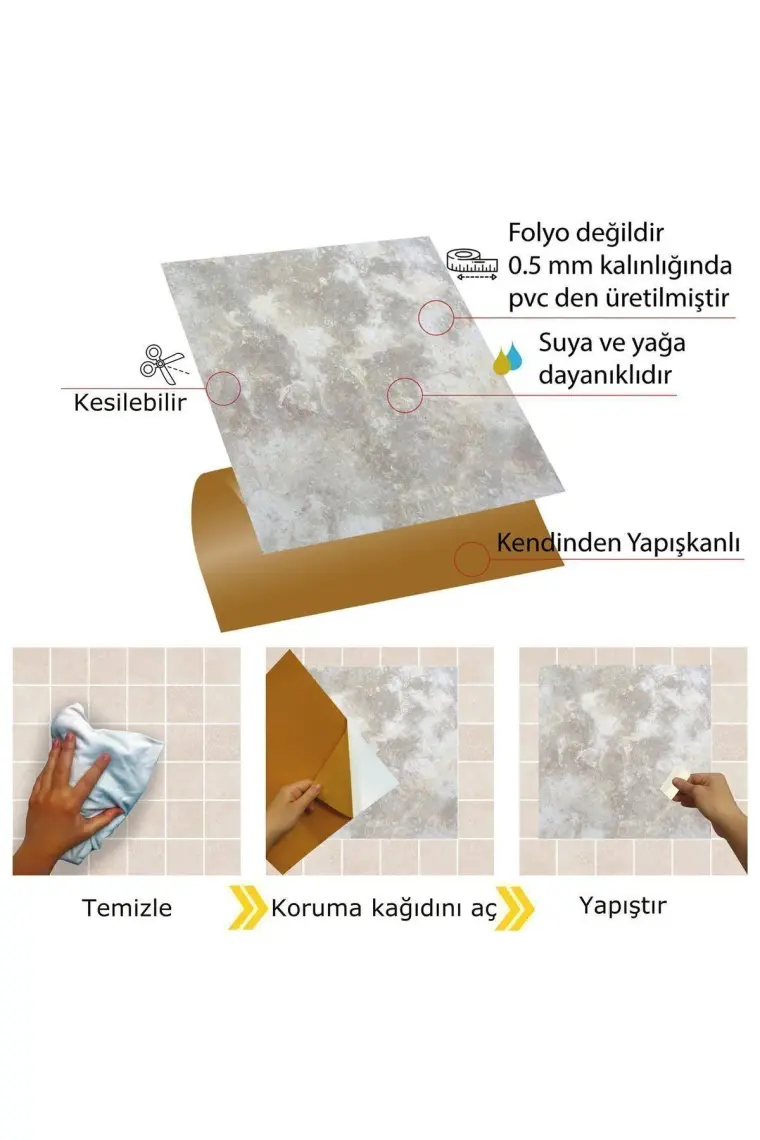 Tink Kendinden Yapışkanlı Gri Mermer Desenli Pvc Karo 30x30 cm 11 Adet 1m2