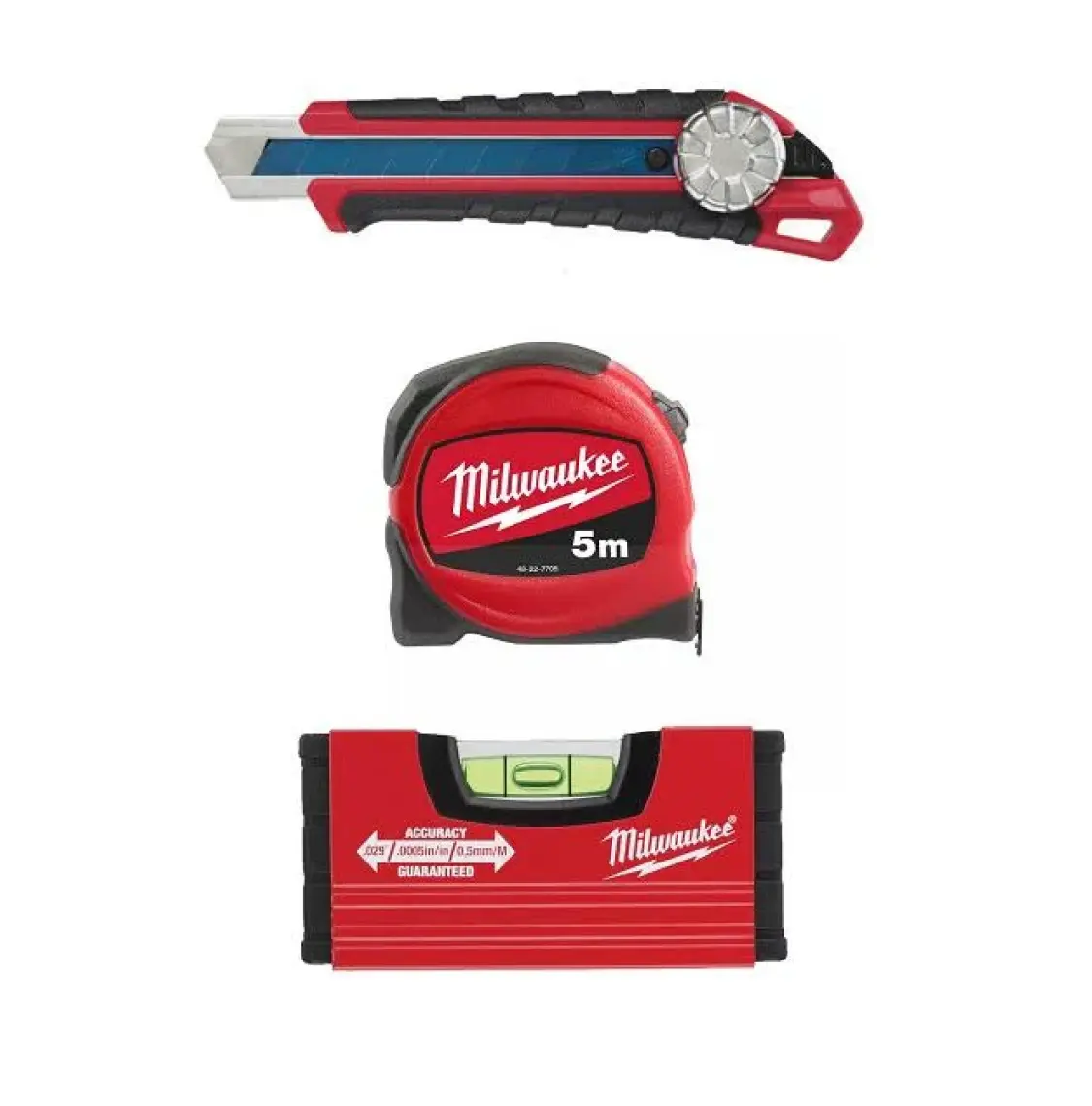 Milwaukee T4932471129 Ağır Hizmet Tipi 3’lü Set Maket Bıçağı, Metre ve Su Terazisi