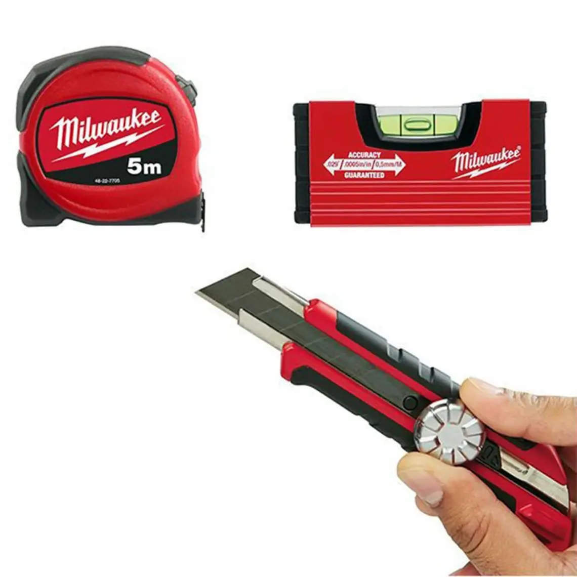 Milwaukee T4932471129 Ağır Hizmet Tipi 3’lü Set Maket Bıçağı, Metre ve Su Terazisi