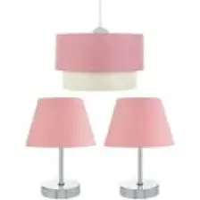 Evlight 3'lü Set Avize ve Komodin Üstü Krom Abajur / Pembe