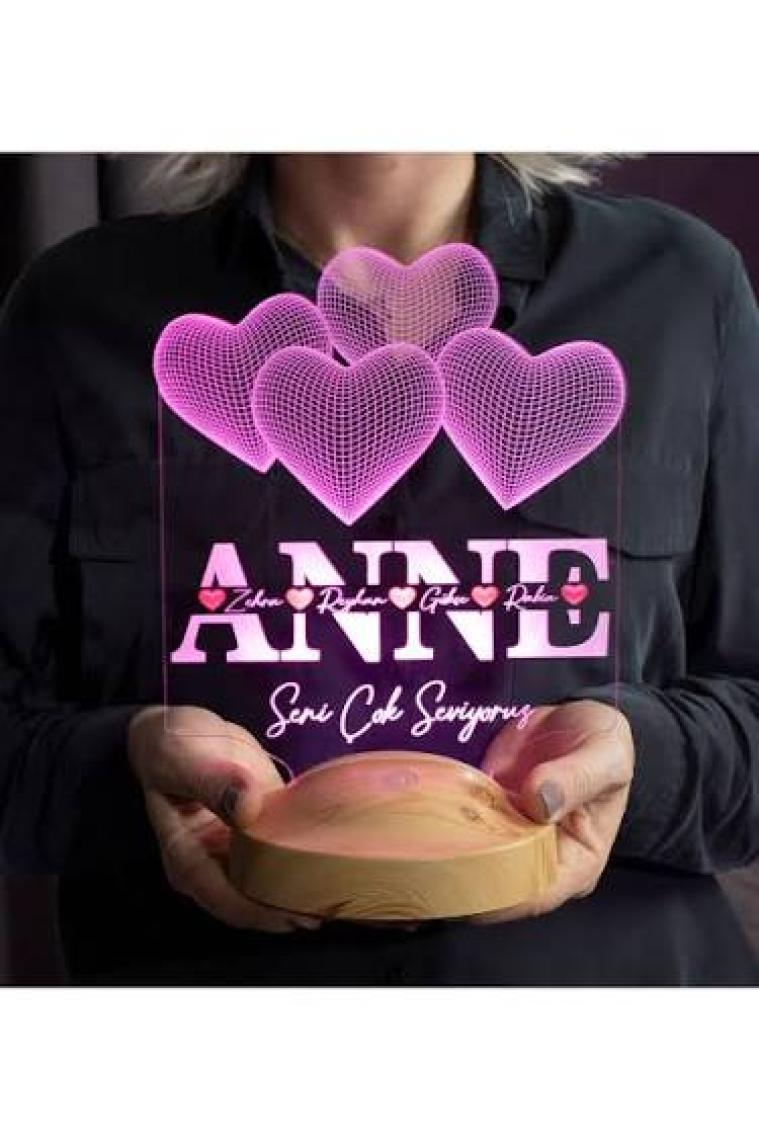 Anneler Günü Hediyesi, Anneye Hediye Kalpli Renkli Isim Yazılı Kişiye Özel 3D LED Lamba
