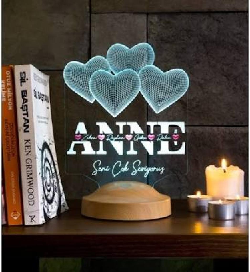 Anneler Günü Hediyesi, Anneye Hediye Kalpli Renkli Isim Yazılı Kişiye Özel 3D LED Lamba