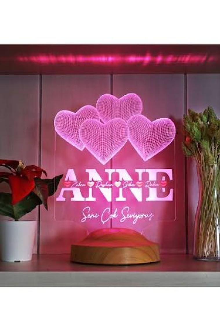 Anneler Günü Hediyesi, Anneye Hediye Kalpli Renkli Isim Yazılı Kişiye Özel 3D LED Lamba