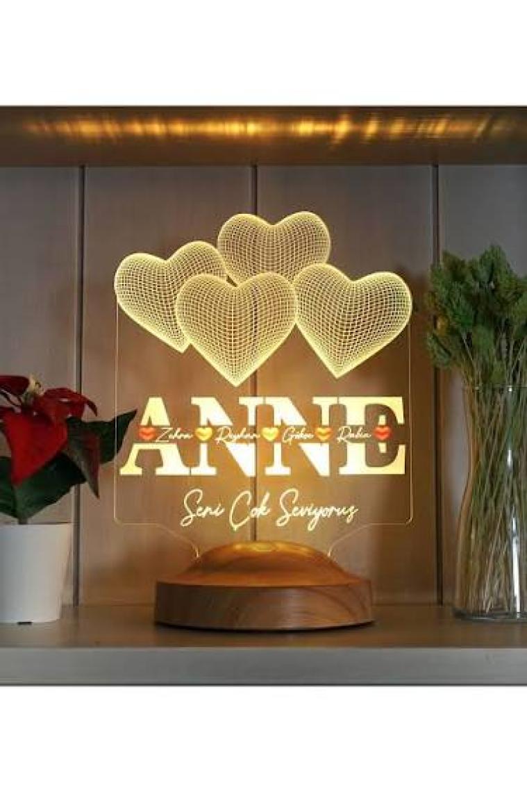 Anneler Günü Hediyesi, Anneye Hediye Kalpli Renkli Isim Yazılı Kişiye Özel 3D LED Lamba