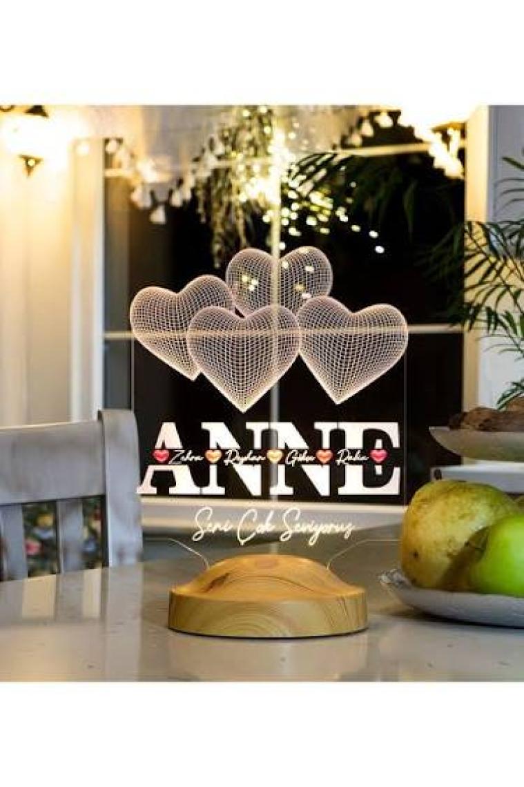 Anneler Günü Hediyesi, Anneye Hediye Kalpli Renkli Isim Yazılı Kişiye Özel 3D LED Lamba