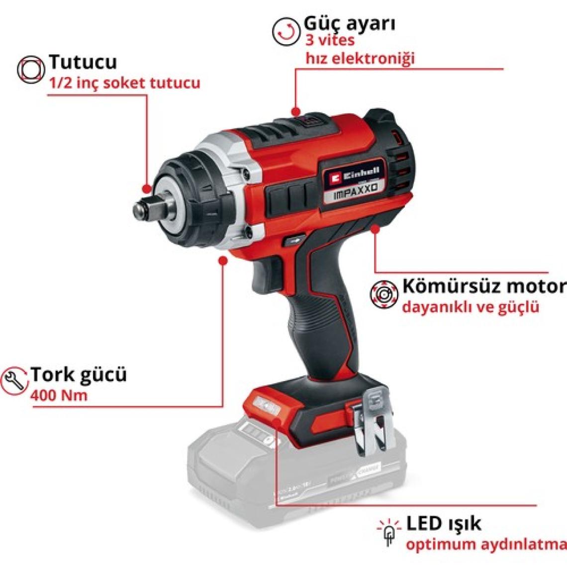 Einhell Professional Akülü Darbeli Somun Sıkma IMPAXXO 18/400 Power X-Change (Li-Ion, 18 V, 400 Nm, 3 Vitesli Şanzıman, Kömürsüz Motor, Akü ve Şarj Cihazı Dahil Değildir) - 4510070