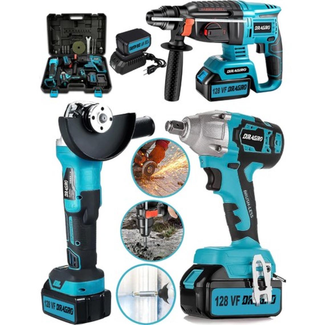 Dragro Germany Pro 128 V 3'lü Set Kırıcı Delici Somun Sıkma Taşlama Makinesi 2 Akülü Kömürsüz Full Set