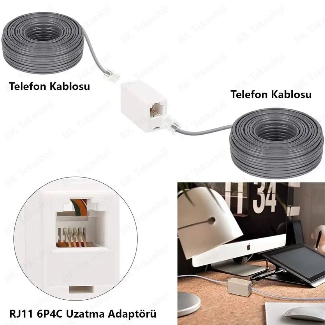 RJ11 6P4C Dişi Dişi Adaptör Telefon Kablosu Uzatma Aparatı