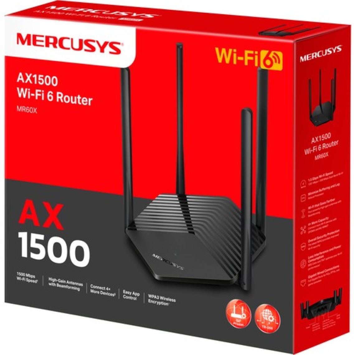 Mercusys MR60X, AX1500 Mbps, Gigabit Portları, Fiber Destekli, Akıllı Bağlantı, WPA3, Mobil Uygulama ile Kolay Kurulum, VPN Destekli, MU-MIMO ve Beamforming Özellikli,  Dual-Band Wi-Fi 6 Router