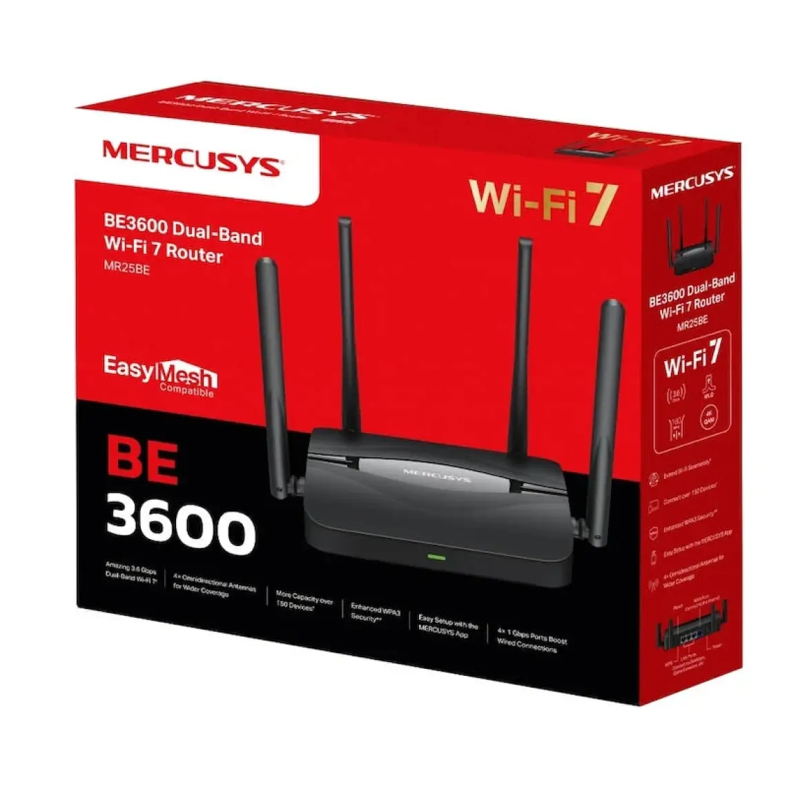 Mercusys MR25BE | Wi‑Fi 7 Router | BE3600 Mbps Hız | Dual‑Band | Fiber Destekli | 2.5Gbps WAN & LAN | Gigabit Portlar | MU‑MIMO | Beamforming | EasyMesh | Hızlı 4K/8K Streaming & Oyun | Kolay Kurulum
