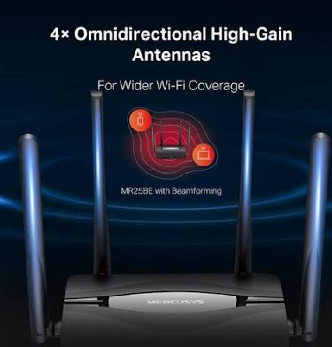 Mercusys MR25BE | Wi‑Fi 7 Router | BE3600 Mbps Hız | Dual‑Band | Fiber Destekli | 2.5Gbps WAN & LAN | Gigabit Portlar | MU‑MIMO | Beamforming | EasyMesh | Hızlı 4K/8K Streaming & Oyun | Kolay Kurulum