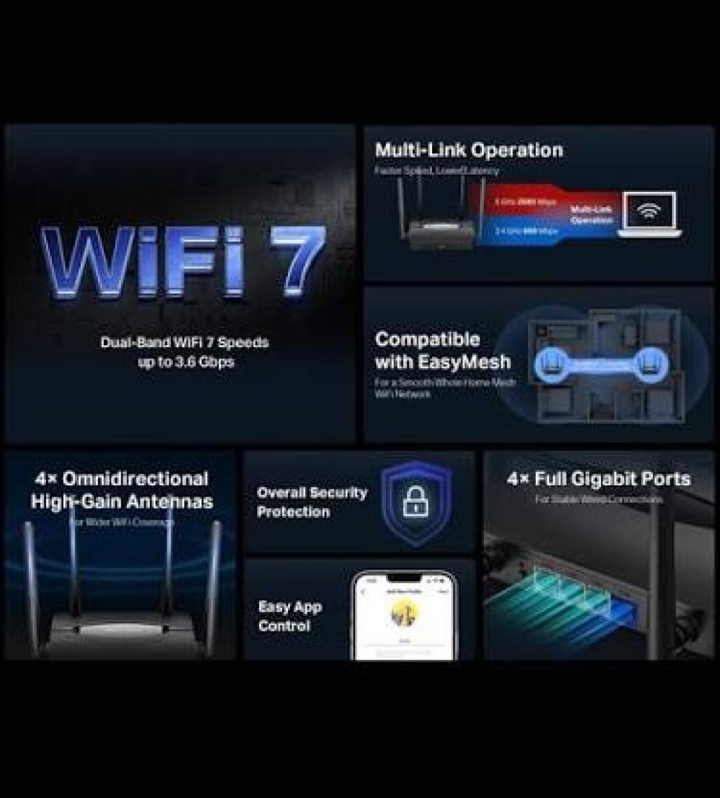Mercusys MR25BE | Wi‑Fi 7 Router | BE3600 Mbps Hız | Dual‑Band | Fiber Destekli | 2.5Gbps WAN & LAN | Gigabit Portlar | MU‑MIMO | Beamforming | EasyMesh | Hızlı 4K/8K Streaming & Oyun | Kolay Kurulum