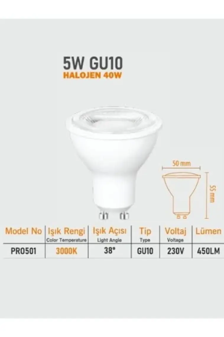 Led Çanak 220V 5W   40W   450 Lümen Gu 10 Günışığı  Sarı 3000Kelvin