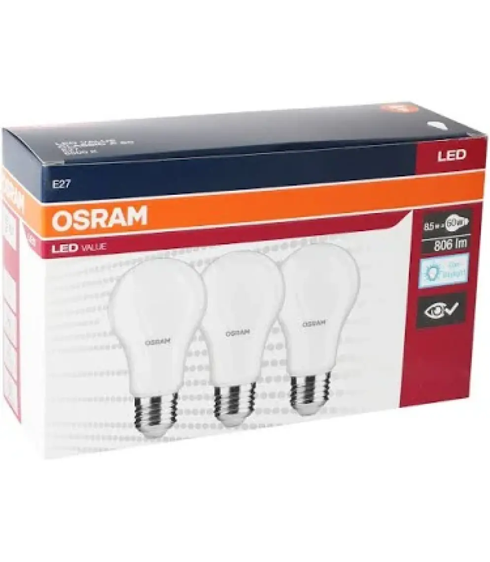 Osram Led Value 8,5W Beyaz Işık E-27 806lm Ampul 3 lü Paket