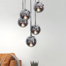 Woodhub Nova 5 Li Krom-Siyah Metal Gövde Füme Camlı Tasarım Lüx Sarkıt Avize