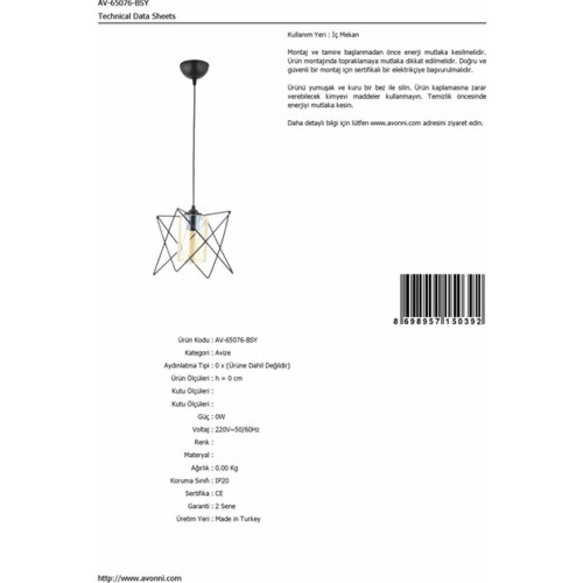 AVONNI AV-65076-BSY Siyah Boyalı Modern Avize E27 Metal Cam 20x20cm