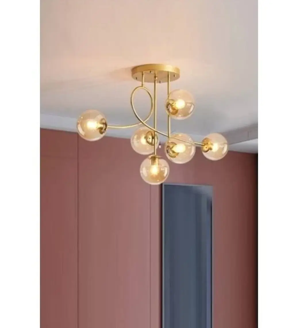 Taşcan Aydınlatma Evan 6 Lı Gold  Bal Camlı Plafonyer Avize