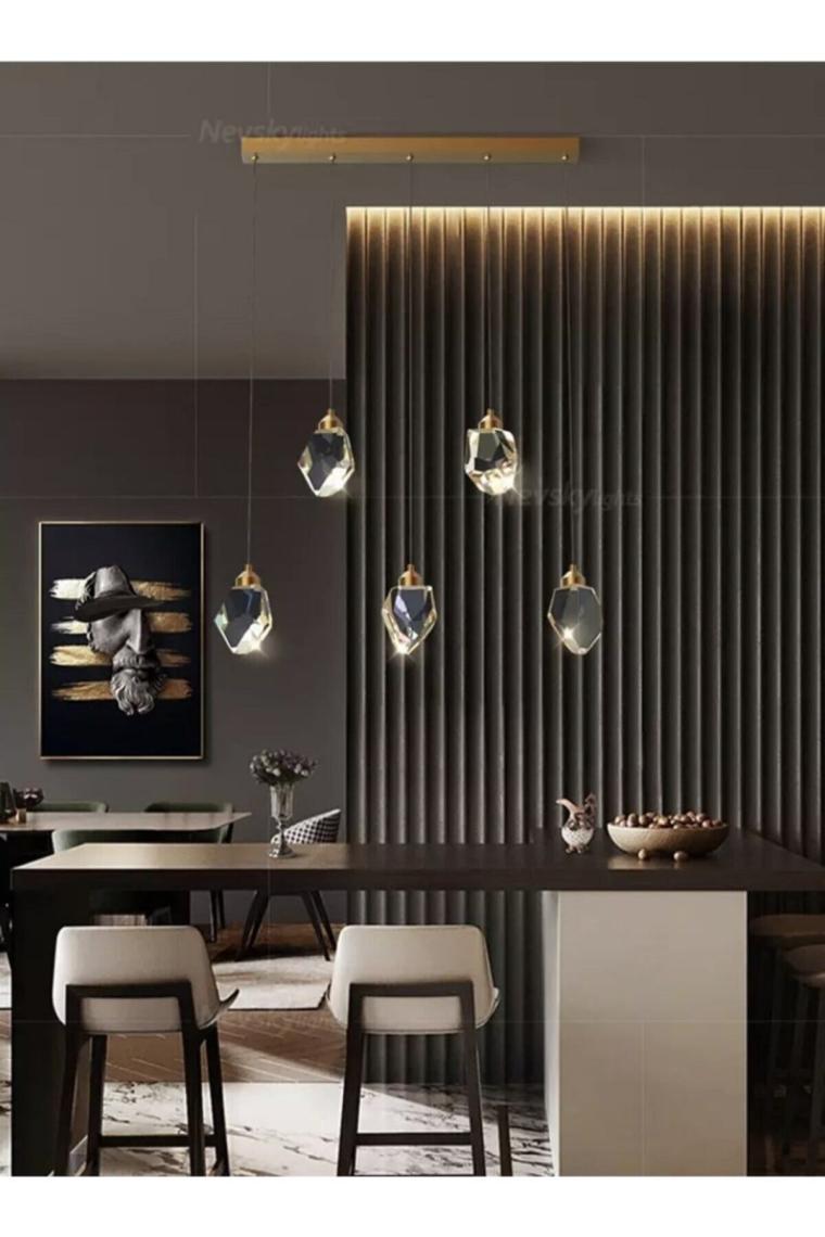 A+ Luxury Modern Kristalize Cam Sarkıt Beşli Sıralı Led Avize Gold Sarı