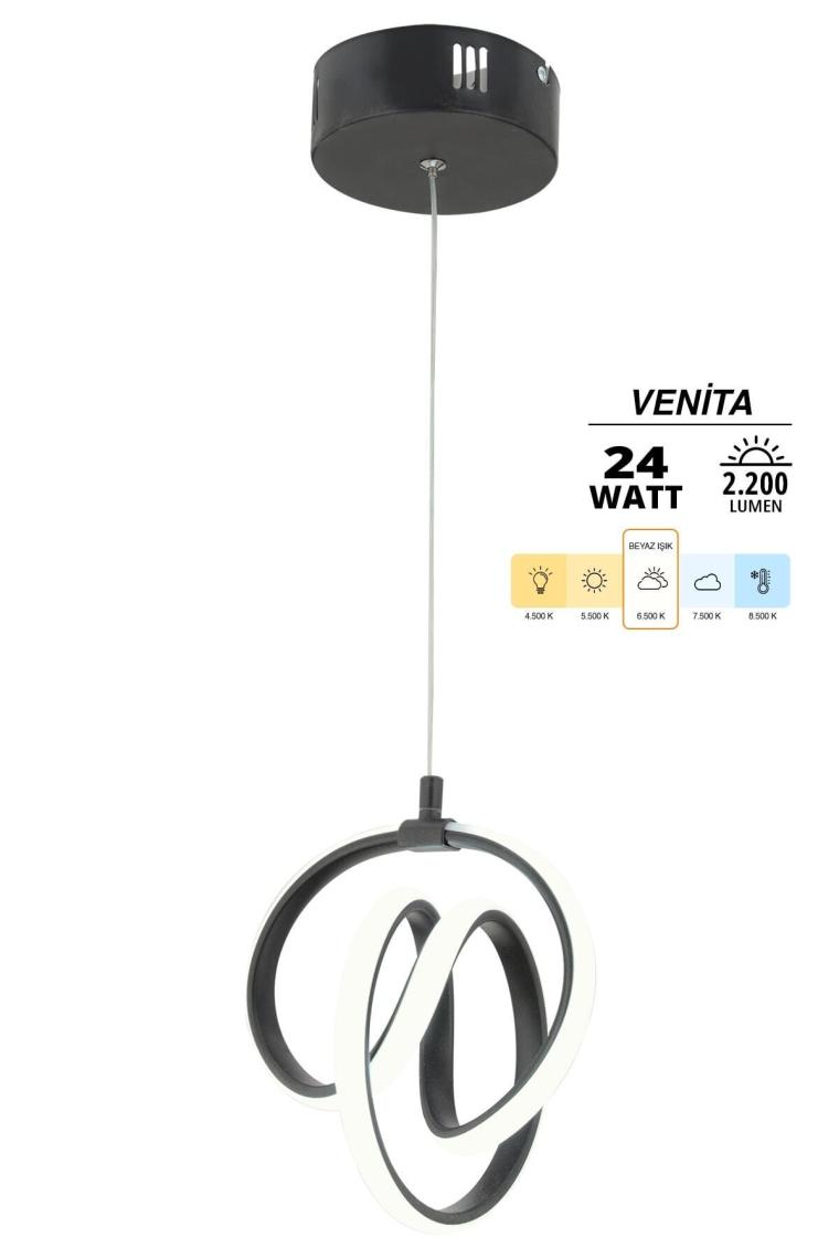 Venita Siyah Modern Sarkıt Led Avize Beyaz Işık Salon Mutfak Oda Hol Ledli Avize