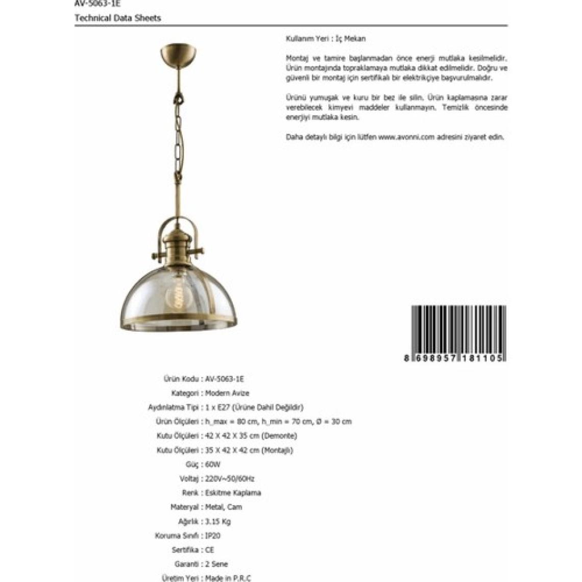 AVONNI AV-5063-1E Eskitme Kaplama Modern Avize E27 Metal Cam 30cm