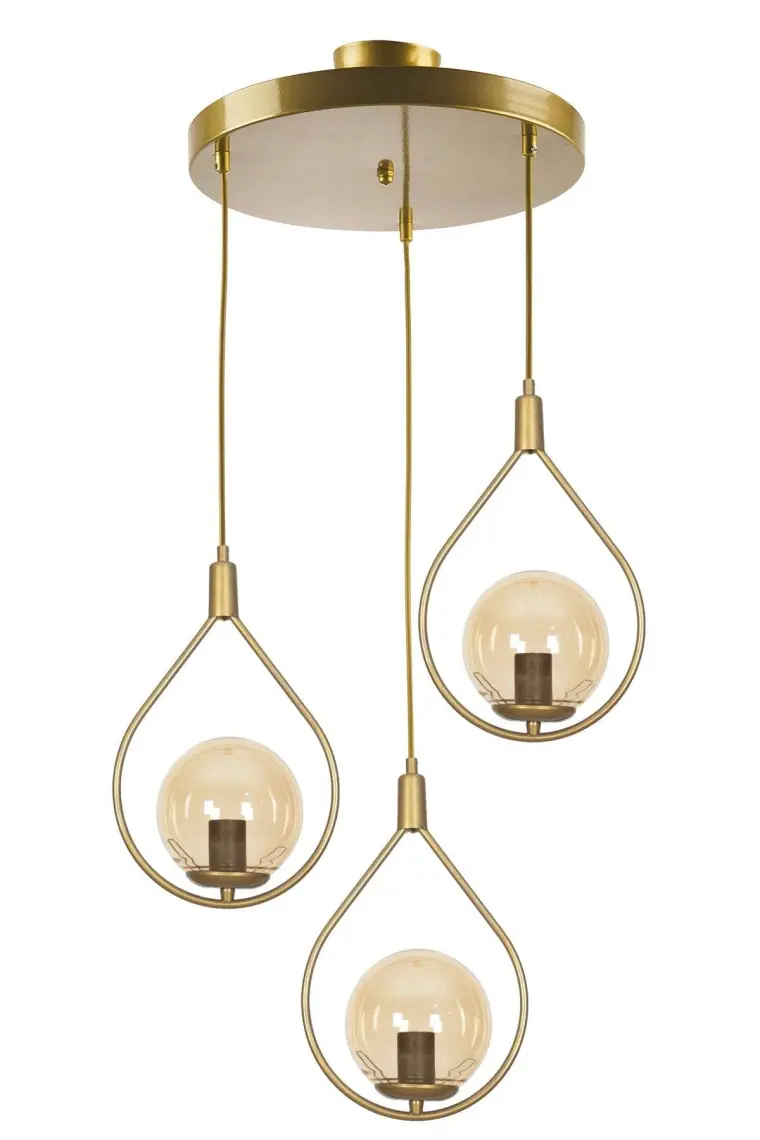 Fer Avize  Deco Modern Tasarım Eskitme Gold Renk Bal Camlı Sıralı Salon - Mutfak - Yatak Odası 3 Lü Avize