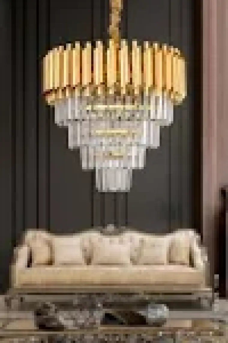 Mediterian Parlak Kristal Taşlı Modern Sarı Yaldız Avize, 4 Ampüllü, 45×60 cm