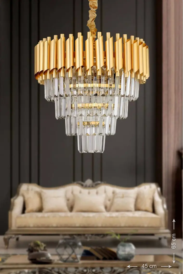 Mediterian Parlak Kristal Taşlı Modern Sarı Yaldız Avize, 4 Ampüllü, 45×60 cm