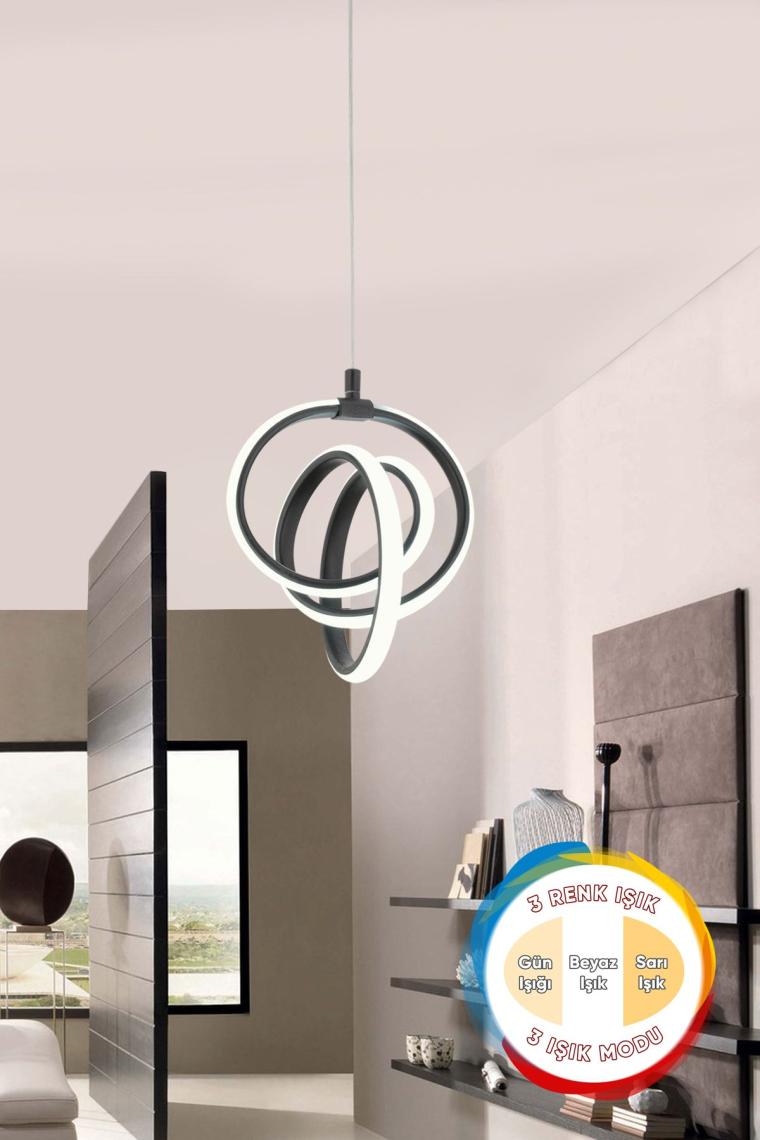 Valens Tekli Siyah 3 Renk Işıklı Power Ledli Salon Mutfak Oda Hol Ledli Avize