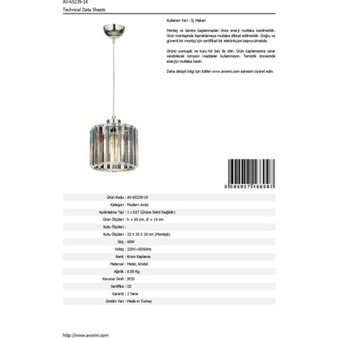 AVONNI AV-65239-1K Krom Kaplama Modern Avize E27 Metal Kristal 19cm