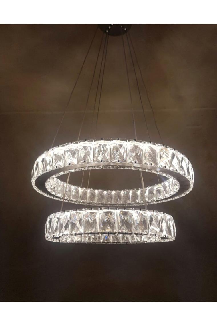 Ghome Modern Gümüş Sarkıt Kristal Taşlı Üç Renk Led Kumandalı Ikili Avize
