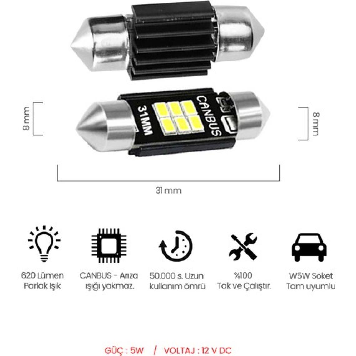 Waxen Sofit Plaka Bagaj Tavan Iç Aydınlatma Ampulü Canbus 31 mm 6 LED C5W 6500K Beyaz Güçlü Işık