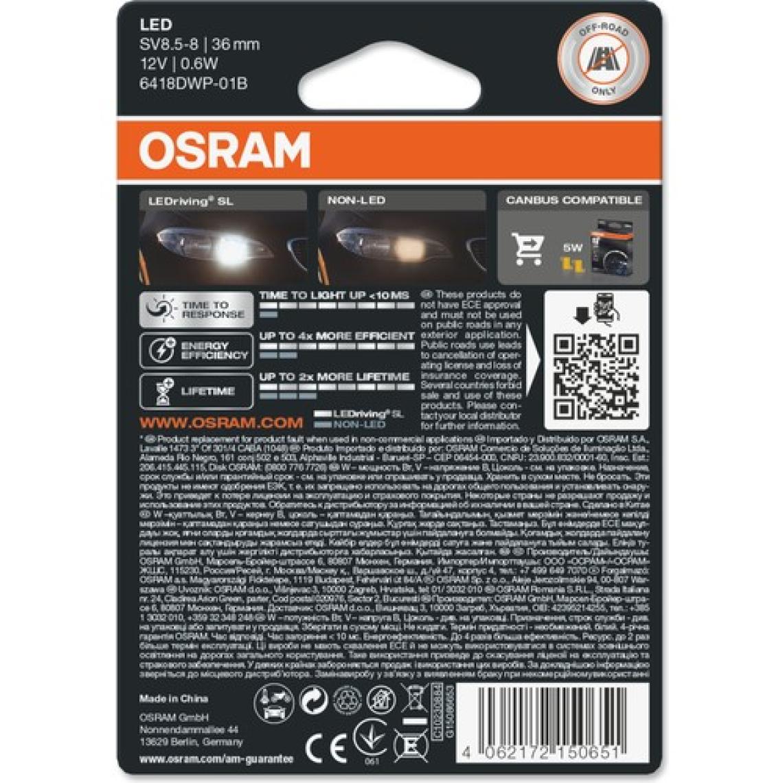 Osram Sofit LED Ledriving Sl C5W 36MM 6000K Beyaz Işık 4 Yıl Garantili 6418WP.01B (1 Adet)