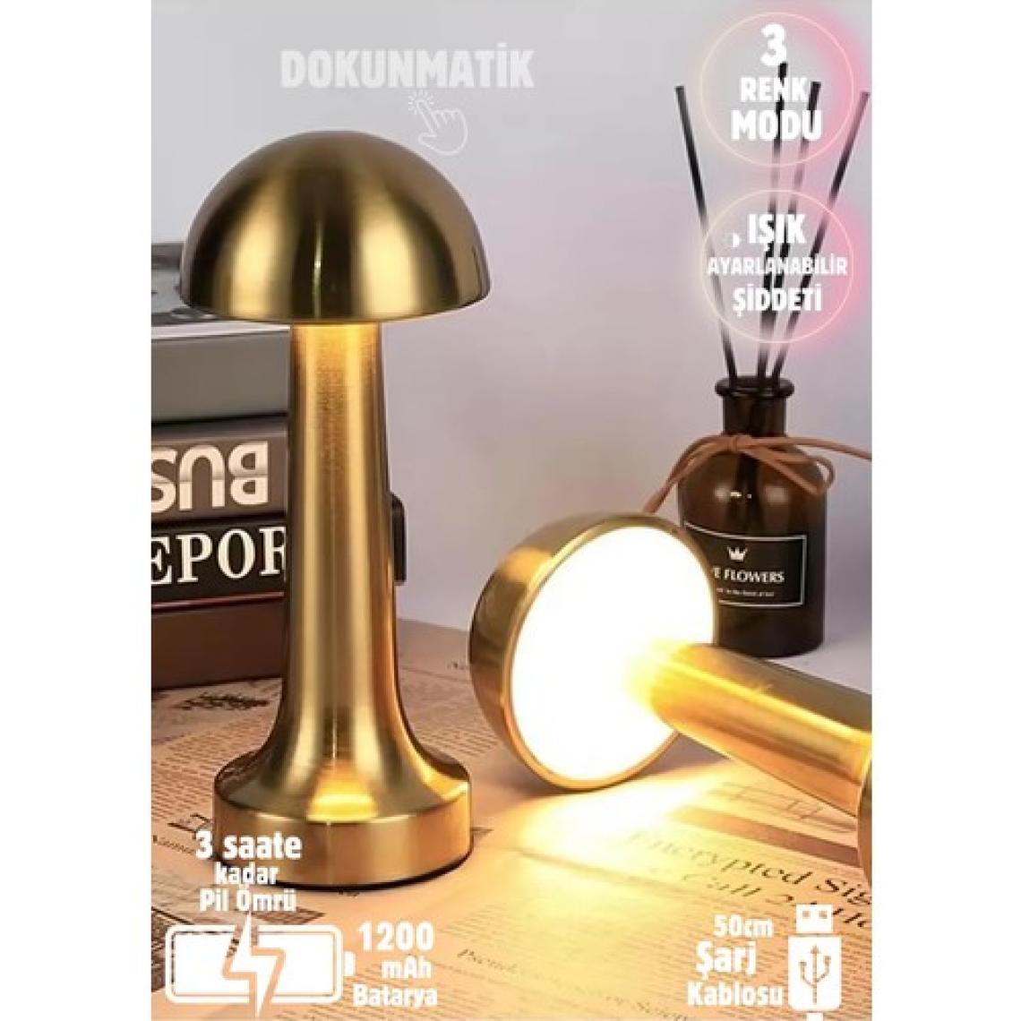 Dokunmatik Mantar Masa Lambası 3 Işık Renkli Şarjlı Masa Lambası Gold Kasa