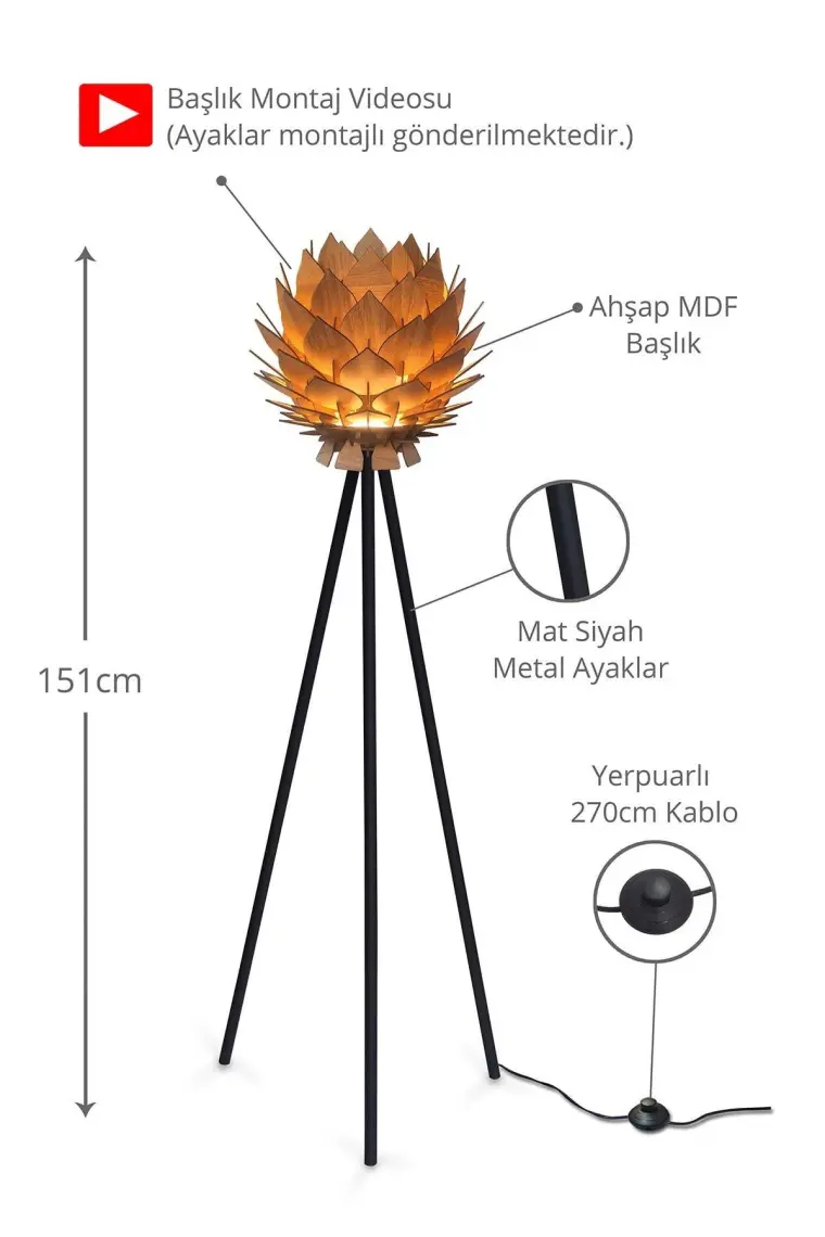 Design Otto Lotus Metal Ayaklı Yerpuar Anahtarlı Ahşap Modern Tripod Üç Ayaklı Lambader Aydınlatma